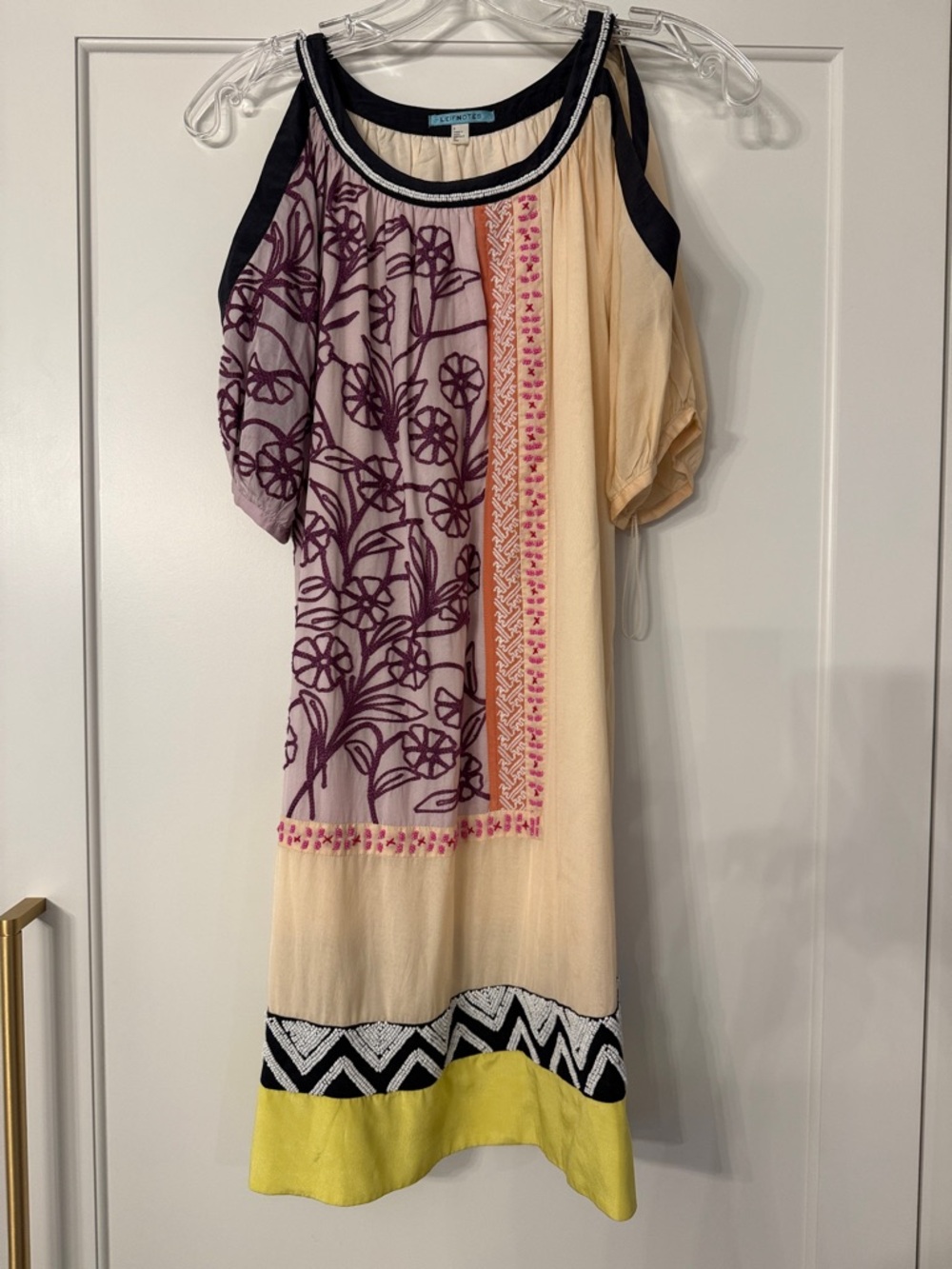 Multicolor Embroidered Cold-Shoulder Dress - Beige, Plum & Lime